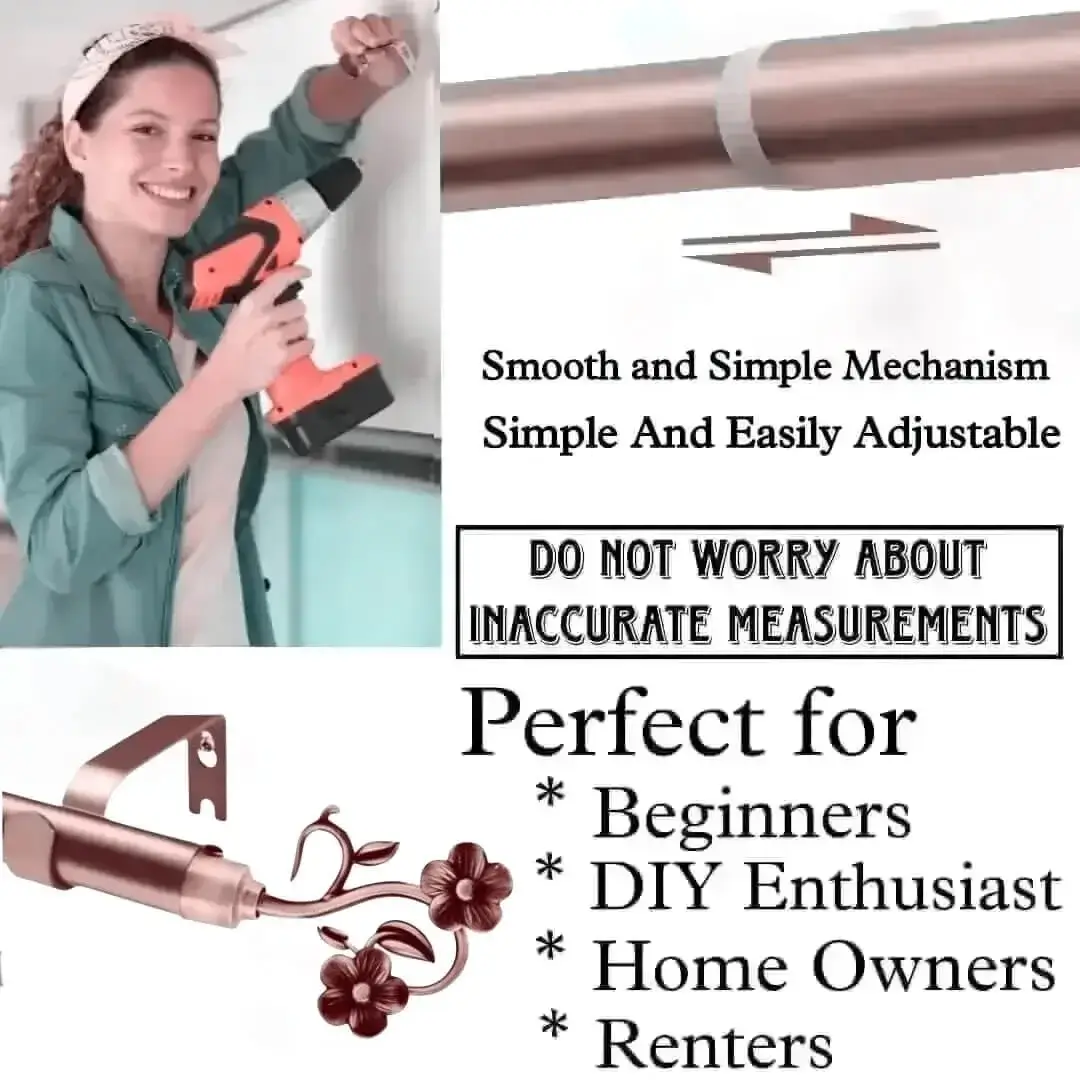 DIY girl installing curtain rods with a drill—text highlights ‘Perfect for beginners, DIY enthusiasts, homeowners and renters!’ Features smooth telescoping rods, and easily adjustable design so you never worry about inaccurate measurements