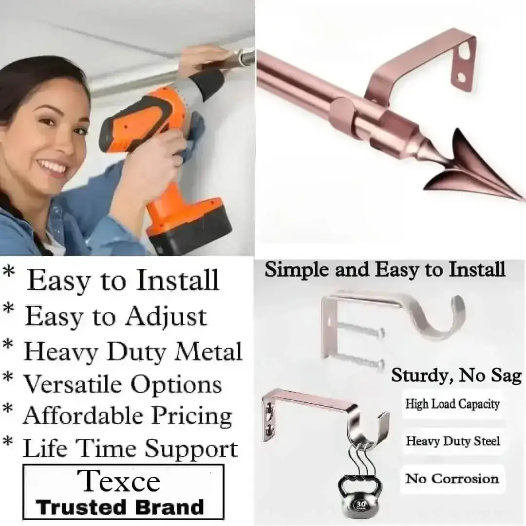 curtain rods and fixings, DIY girl installing a curtain rod with a drill, (2) elegant rose gold arrow-shaped finial rod design, and (3) close-up of heavy-duty steel brackets. Overlay text highlights: ‘Easy to install, corrosion-proof steel, versatile styles, affordable pricing, lifetime support, and Texce—a trusted brand
