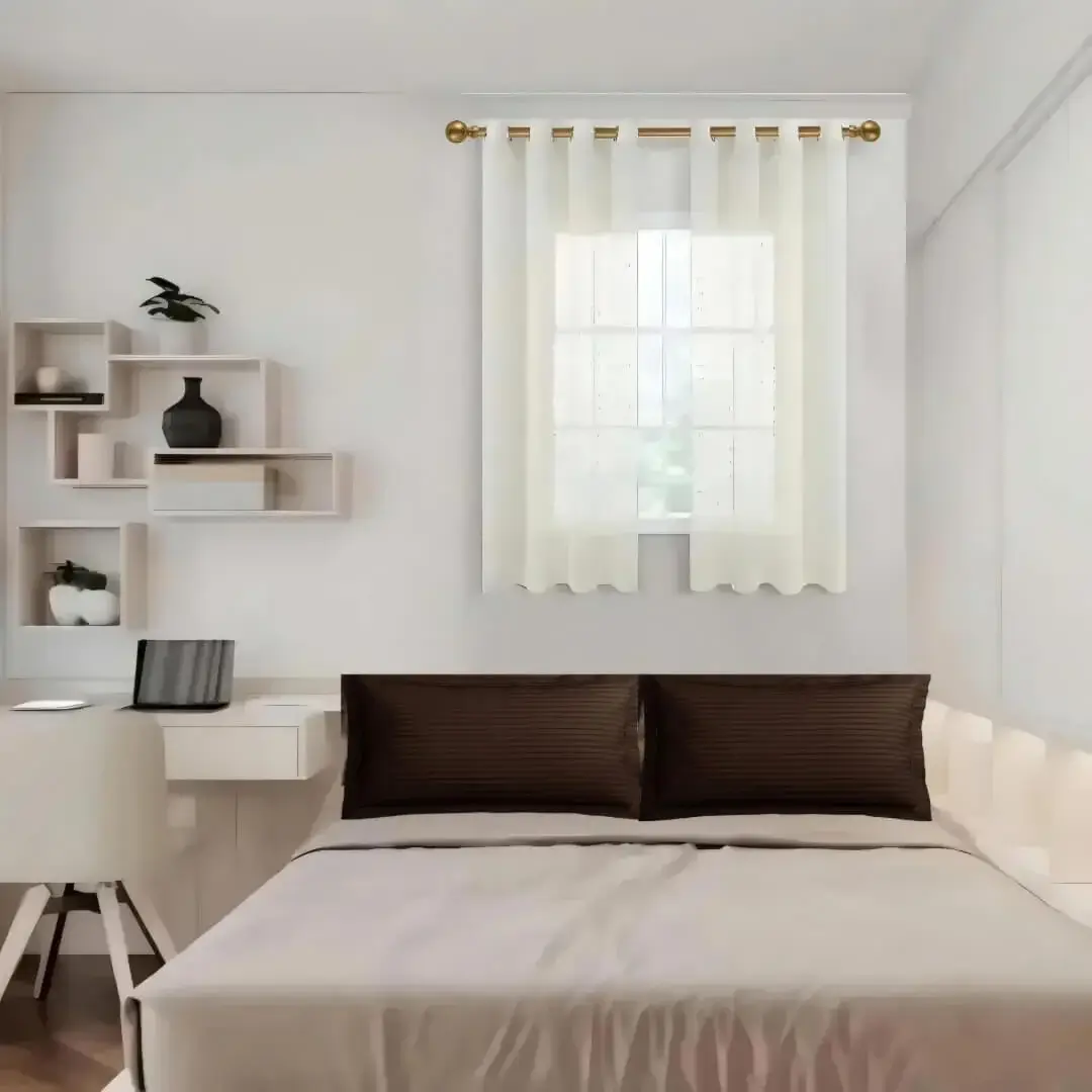 curtain rods for bedroom, Elegant curtain gracefully hanging from a luxurious gold curtain rod installed on a small window in a bedroom, creating an airy and sophisticated look