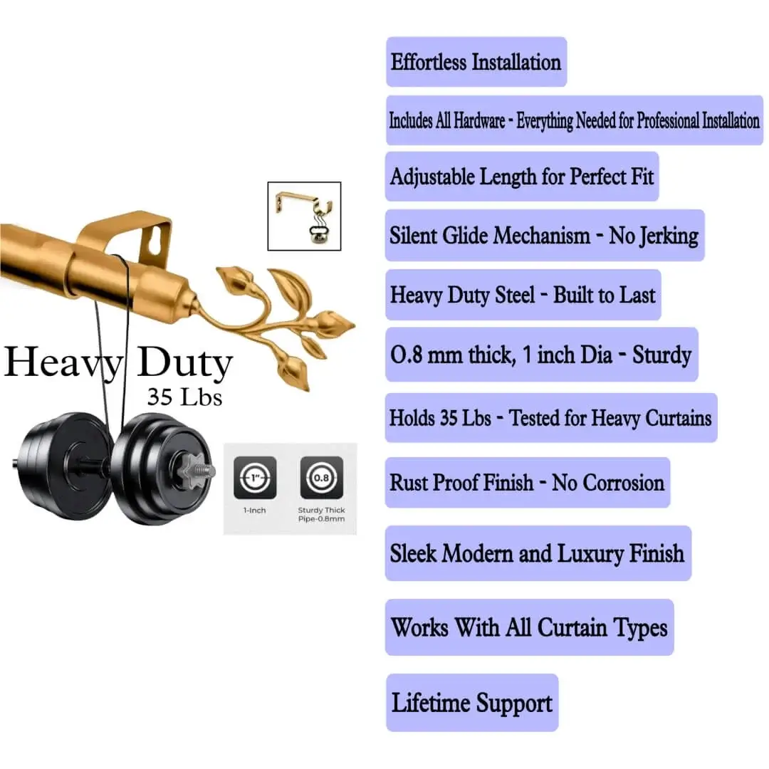 Gold curtain rod stress-tested holding 35 lbs of weight, proving heavy-duty performance. Text highlights: 'Effortless installation (all hardware included), adjustable length, silent glide mechanism, 0.8mm thick steel (1-inch diameter), rust-proof finish. Sleek modern design works with all curtain types—backed by lifetime support