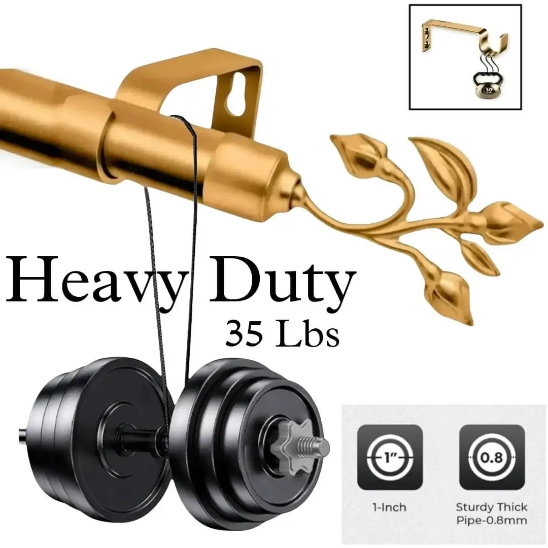 heavy duty curtain rods, Two-panel proof of durability: (1) Gold curtain rod with leaf finial holding 33 lbs (0.8mm thick, 1-inch diameter)—text highlights 'Heavy Duty, Thick and Sturdy'. (2) Matching bracket stress-tested with heavy weights, showcasing unmatched strength. Luxury meets industrial performance