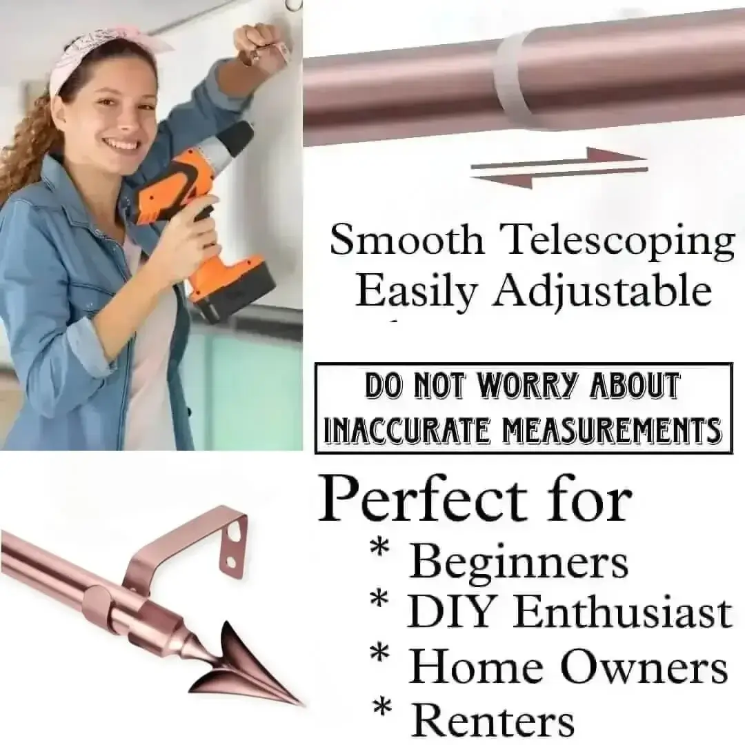 DIY girl installing curtain brackets with a drill—text highlights ‘Perfect for beginners, DIY enthusiasts, homeowners and renters!’ Features smooth telescoping rods, and easily adjustable design so you never worry about inaccurate measurements