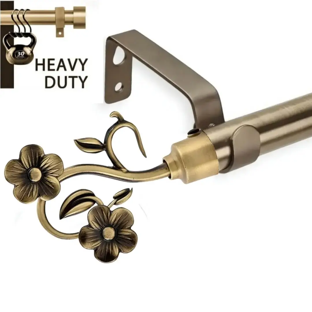 curtain rods with leaf design, Two-panel close-up: (1) Antique-finish curtain rod with intricate leaf and flower designs (decorative detail), and (2) another rod supporting heavy weights without bending—proving its dual elegance and industrial-strength durability for long-term use