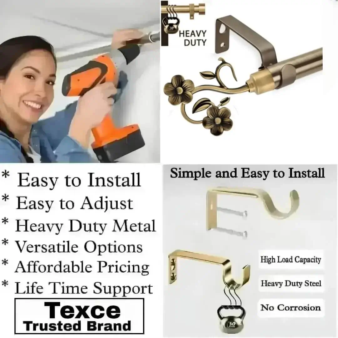 Three-panel showcase: (1) DIY girl installing a curtain rod with a drill, (2) elegant leaf-shaped finial rod design, and (3) close-up of heavy-duty steel brackets. Overlay text highlights: ‘Easy to install, corrosion-proof steel, versatile styles, affordable pricing, lifetime support, and Texce—a trusted brand