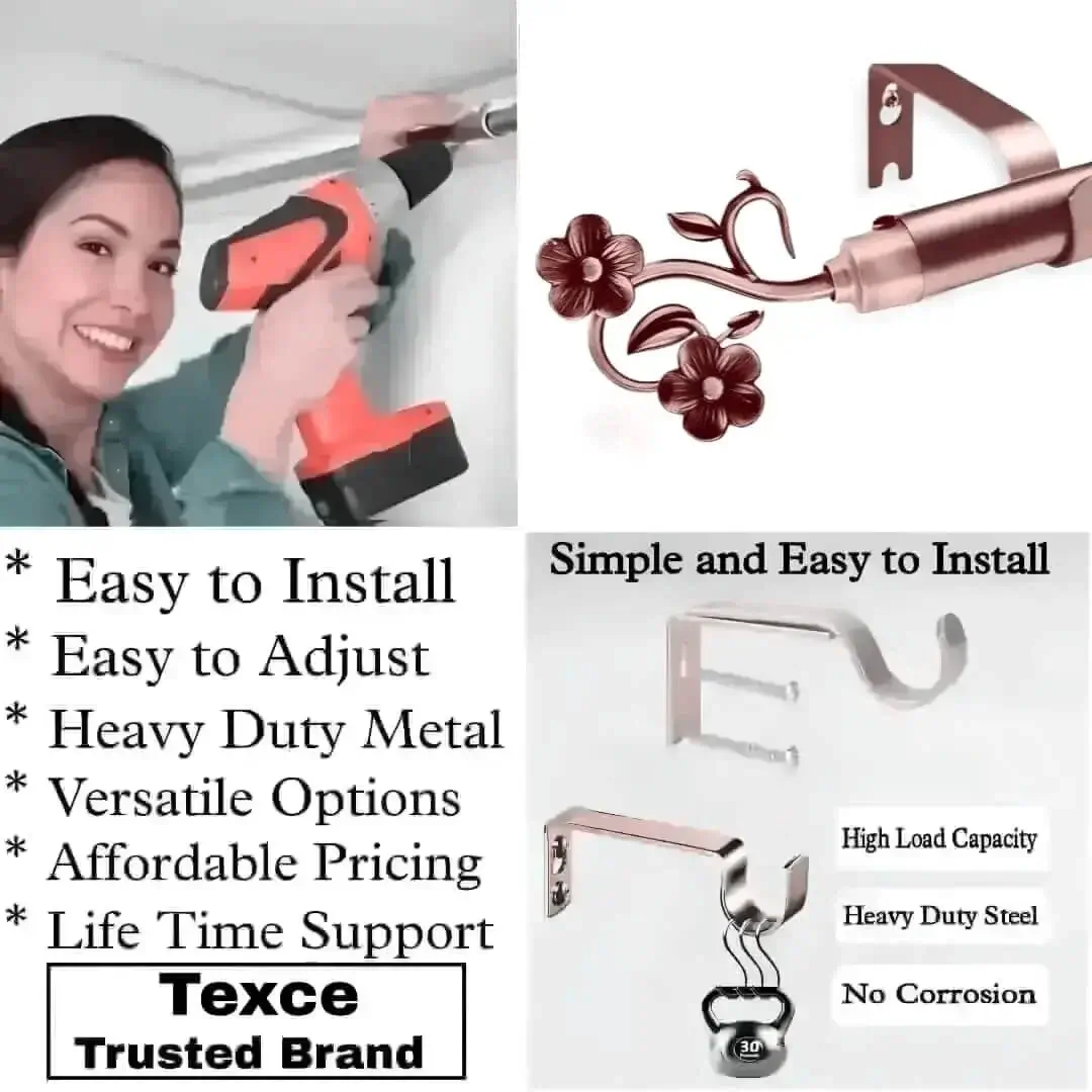 Three-panel showcase: (1) DIY girl installing a curtain rod with a drill, (2) elegant flower-shaped finial rod design, and (3) close-up of heavy-duty steel brackets. Overlay text highlights: ‘Easy to install, corrosion-proof steel, versatile styles, affordable pricing, lifetime support, and Texce—a trusted brand