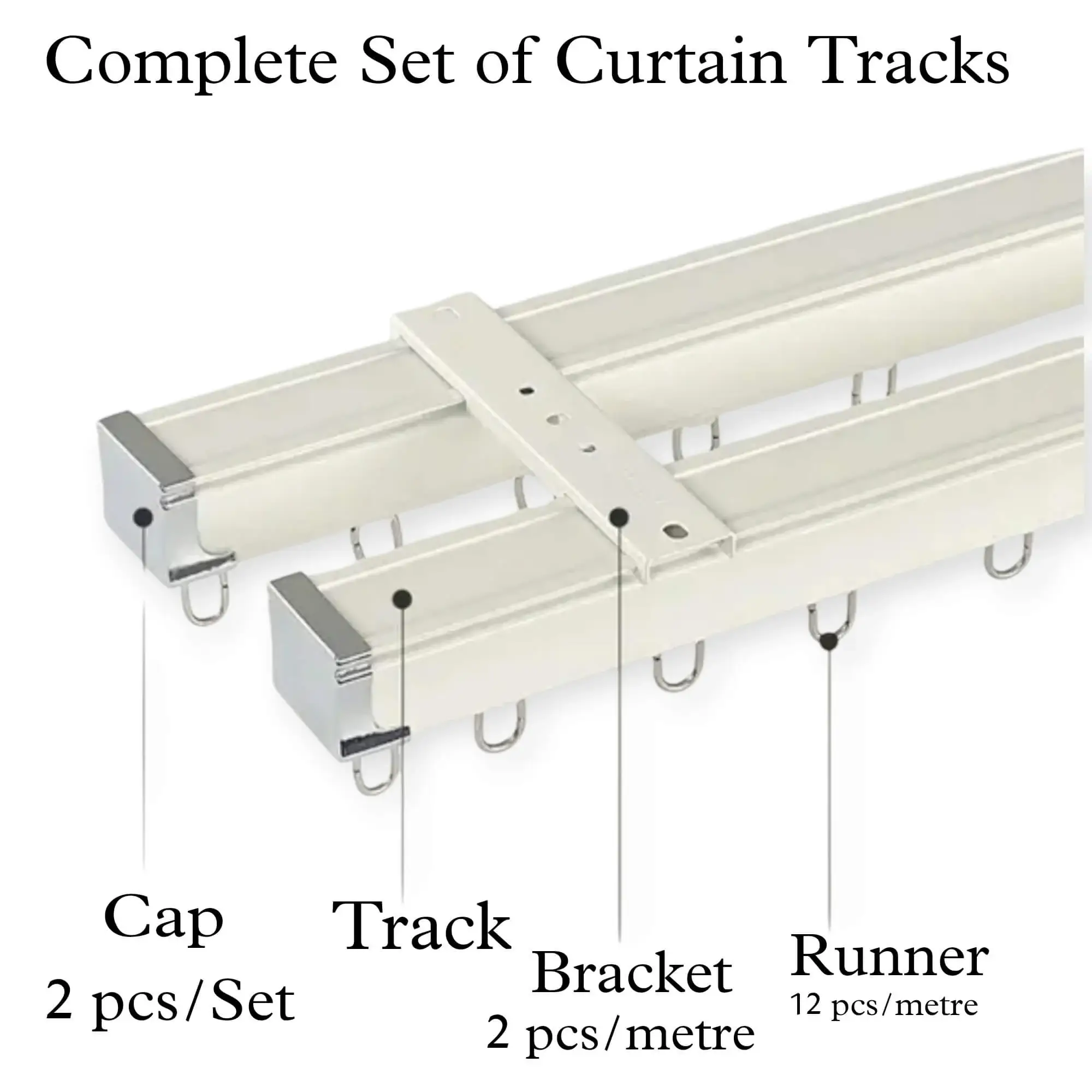 curtain track accessories, Complete curtain track set displayed with package contents: 2 end cap, 3 heavy-duty brackets, 1 curtain track, sliders, wall anchors, and screws. Text overlay highlights 'Package List'—everything needed for professional installation