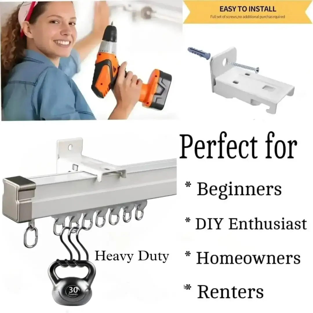 heavy duty curtain track, DIY girl installing curtain track with a drill—text highlights ‘Perfect for beginners, DIY enthusiasts, homeowners and renters!’ Features smooth and easy to install so you never worry about installation difficulties