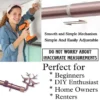 decorative extendable curtain rods DIY girl installing curtain brackets with a drill—text highlights ‘Perfect for beginners, DIY enthusiasts, homeowners and renters!’ Features smooth telescoping rods, and easily adjustable design so you never worry about inaccurate measurements