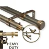 double curtain rods double curtain rods, Two-panel product display: (1) antique finish curtain rod with elegant bird finial, and (2) curtain rod holding heavy weight —demonstrating heavy-duty construction for flawless long-term performance