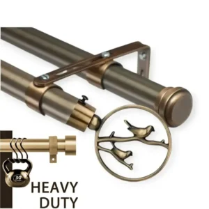 double curtain rods, Two-panel product display: (1) antique finish curtain rod with elegant bird finial, and (2) curtain rod holding heavy weight —demonstrating heavy-duty construction for flawless long-term performance