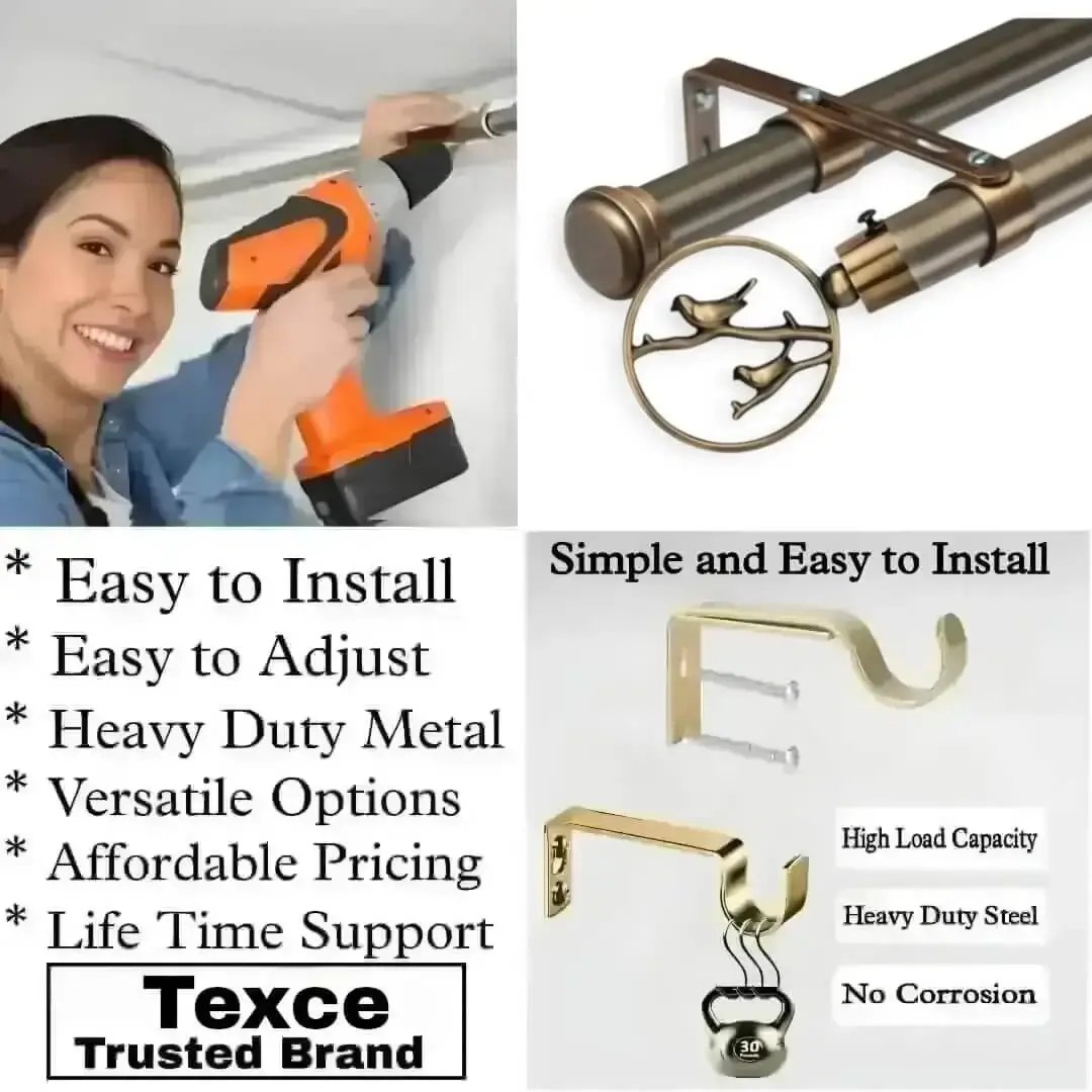 dual curtain rods with brackets, Three-panel showcase: (1) DIY girl installing a curtain rod with a drill, (2) elegant bird-shaped finial rod design, and (3) close-up of heavy-duty steel brackets. Overlay text highlights: ‘Easy to install, corrosion-proof steel, versatile styles, affordable pricing, lifetime support, and Texce—a trusted brand