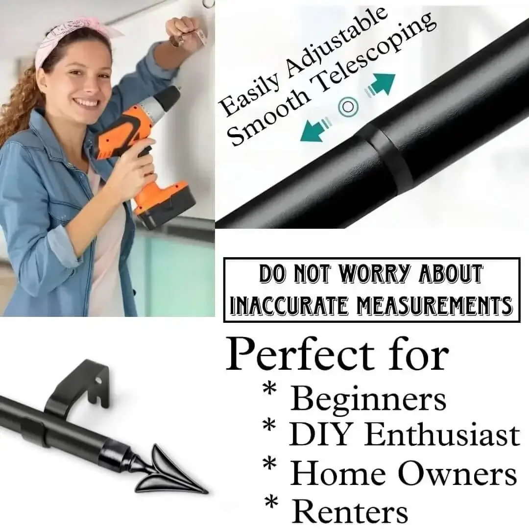 DIY girl installing curtain brackets with a drill—text highlights ‘Perfect for beginners, DIY enthusiasts, homeowners and renters!’ Features smooth telescoping rods, and easily adjustable design so you never worry about inaccurate measurements