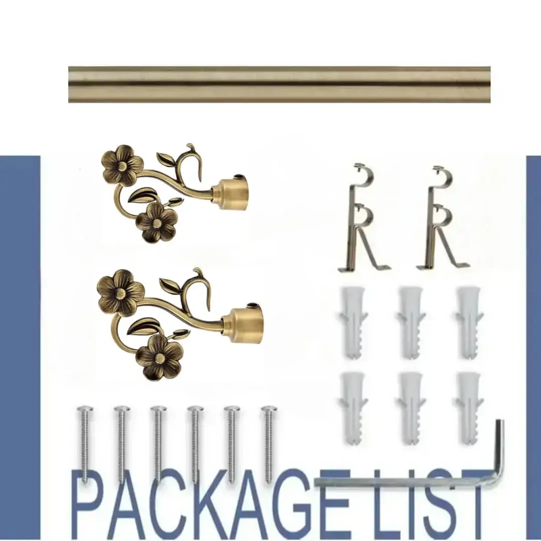 Complete curtain rod set displayed with package contents: 2 decorative finials, 3 heavy-duty brackets, 2 adjustable rods, wall anchors, and screws. Text overlay highlights 'Package List'—everything needed for professional installation