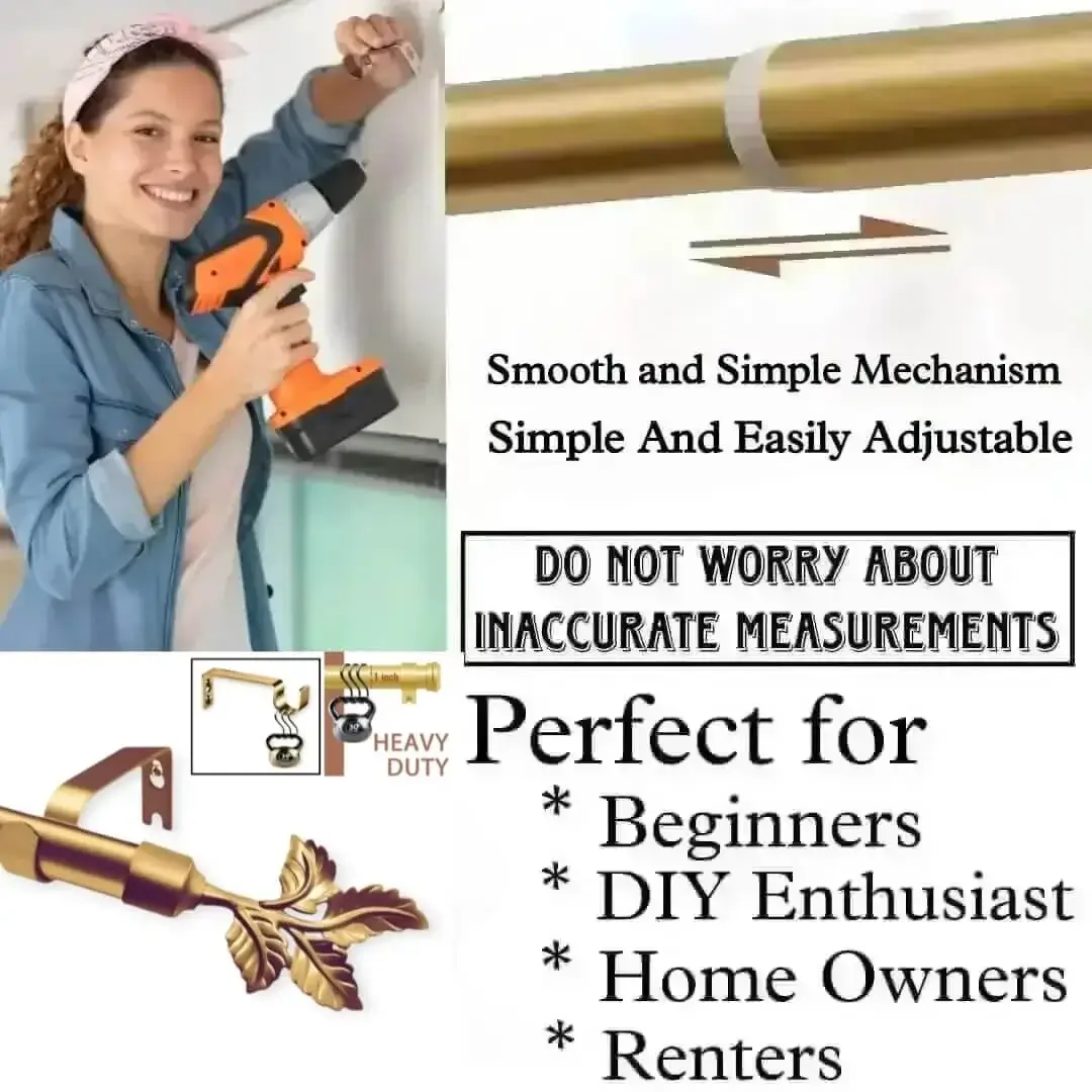 gold adjustable curtain rod, DIY girl installing curtain rods with a drill—text highlights ‘Perfect for beginners, DIY enthusiasts, homeowners and renters!’ Features smooth telescoping rods, and easily adjustable design so you never worry about inaccurate measurements