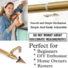 gold adjustable curtain rods DIY girl installing curtain brackets with a drill—text highlights ‘Perfect for beginners, DIY enthusiasts, homeowners & renters!’ Features tool-free brackets, smooth telescoping rods, and easily adjustable design so you never worry about inaccurate measurements.