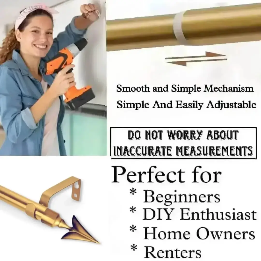 DIY girl installing curtain brackets with a drill—text highlights ‘Perfect for beginners, DIY enthusiasts, homeowners & renters!’ Features tool-free brackets, smooth telescoping rods, and easily adjustable design so you never worry about inaccurate measurements.