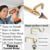 gold curtain pole with mounting bracket Three-panel showcase: (1) DIY girl installing a curtain rod with a drill, (2) elegant deer-shaped finial rod design, and (3) close-up of heavy-duty steel brackets. Overlay text highlights: ‘Easy to install, corrosion-proof steel, versatile styles, affordable pricing, lifetime support, and Texce—a trusted brand