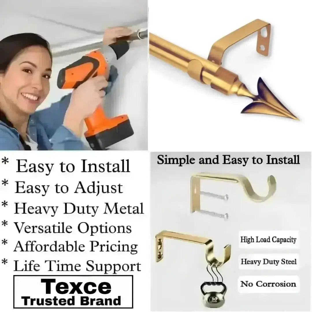 Three-panel showcase: (1) DIY girl installing a curtain rod with a drill, (2) elegant deer-shaped finial rod design, and (3) close-up of heavy-duty steel brackets. Overlay text highlights: ‘Easy to install, corrosion-proof steel, versatile styles, affordable pricing, lifetime support, and Texce—a trusted brand