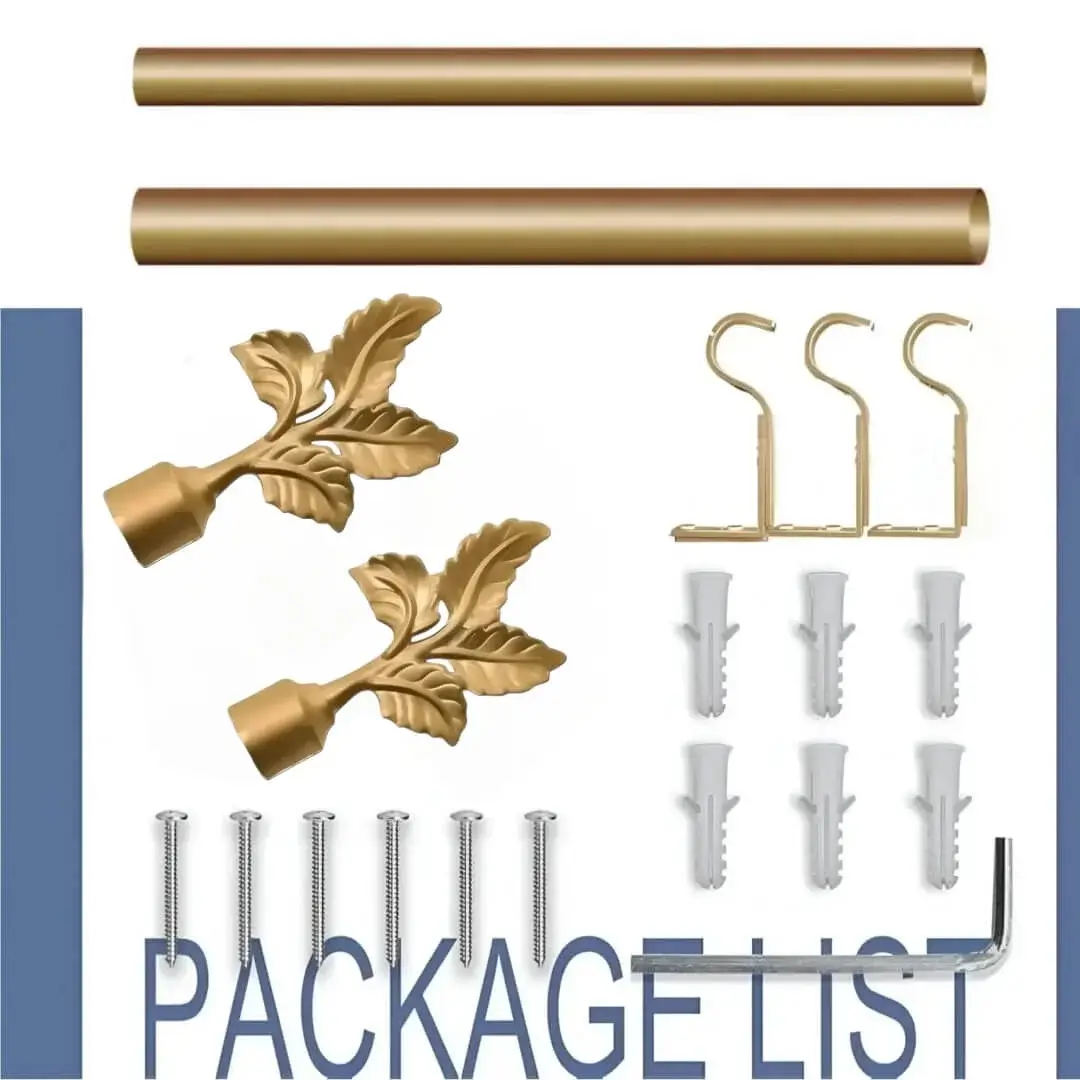 gold curtain rod and hardware, Complete gold curtain rod set displayed with package contents: 2 decorative finials, 3 heavy-duty brackets, 2 adjustable rods, wall anchors, and screws. Text overlay highlights 'Package List'—everything needed for professional installation