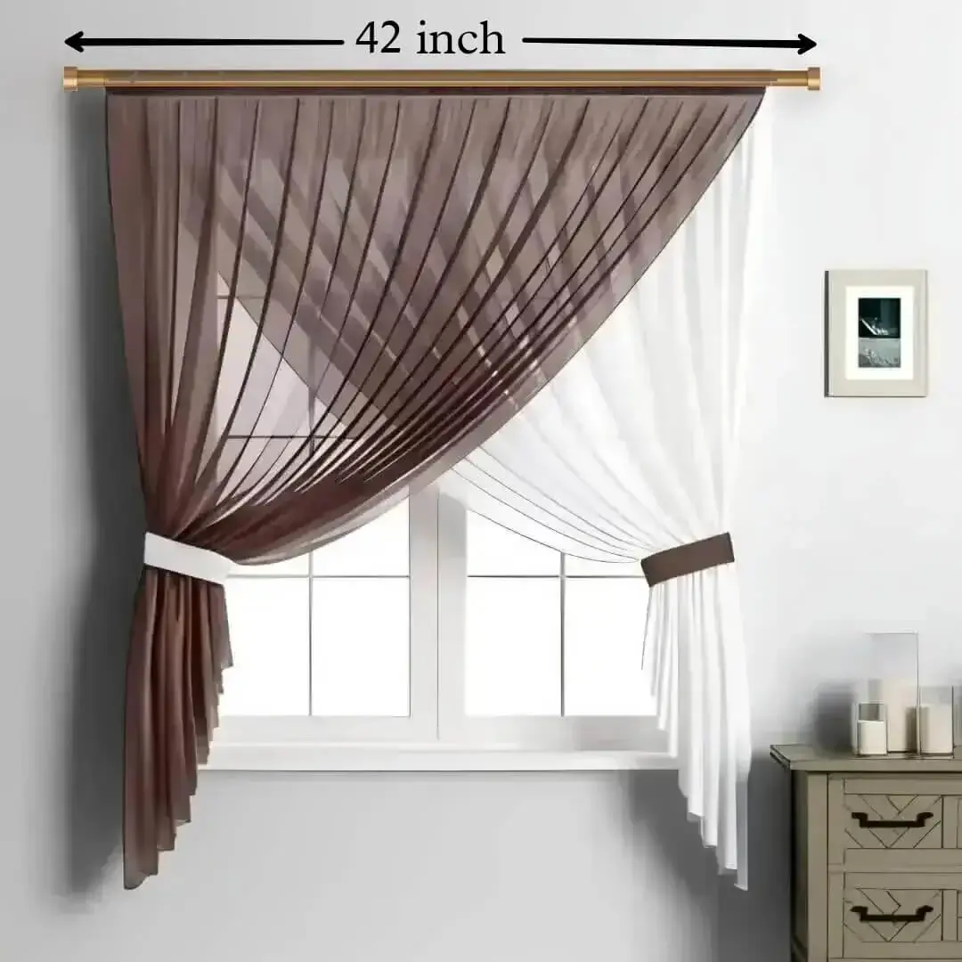 gold curtain rod for small window, 42 inch curtain rod, Elegant sheer curtains hanging from a small 42-inch gold curtain rod, perfectly fitted for a small compact window. Ideal for small spaces and cozy interiors