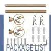 gold curtain rod with accessories Complete curtain rod set displayed with package contents: 2 decorative finials, 3 heavy-duty brackets, 2 adjustable rods, wall anchors, and screws. Text overlay highlights 'Package List'—everything needed for professional installation