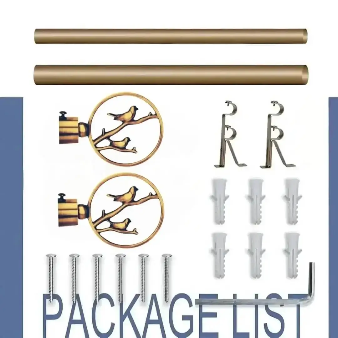 Complete curtain rod set displayed with package contents: 2 decorative finials, 3 heavy-duty brackets, 2 adjustable rods, wall anchors, and screws. Text overlay highlights 'Package List'—everything needed for professional installation