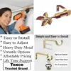 gold curtain rod with mounting bracket Three-panel showcase: (1) DIY girl installing a curtain rod with a drill, (2) elegant leaf-shaped finial rod design, and (3) close-up of heavy-duty steel brackets. Overlay text highlights: ‘Easy to install, corrosion-proof steel, versatile styles, affordable pricing, lifetime support, and Texce—a trusted brand