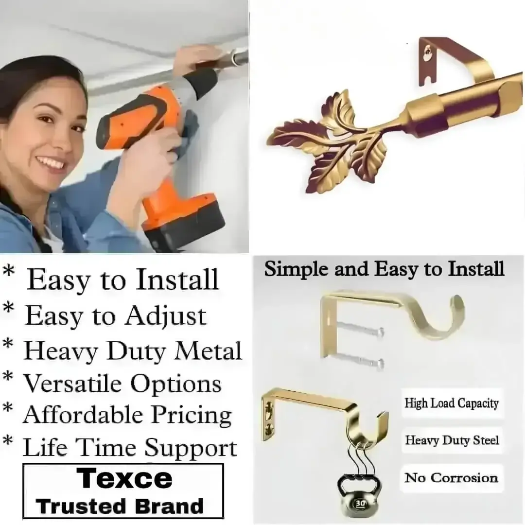 Three-panel showcase: (1) DIY girl installing a curtain rod with a drill, (2) elegant leaf-shaped finial rod design, and (3) close-up of heavy-duty steel brackets. Overlay text highlights: ‘Easy to install, corrosion-proof steel, versatile styles, affordable pricing, lifetime support, and Texce—a trusted brand