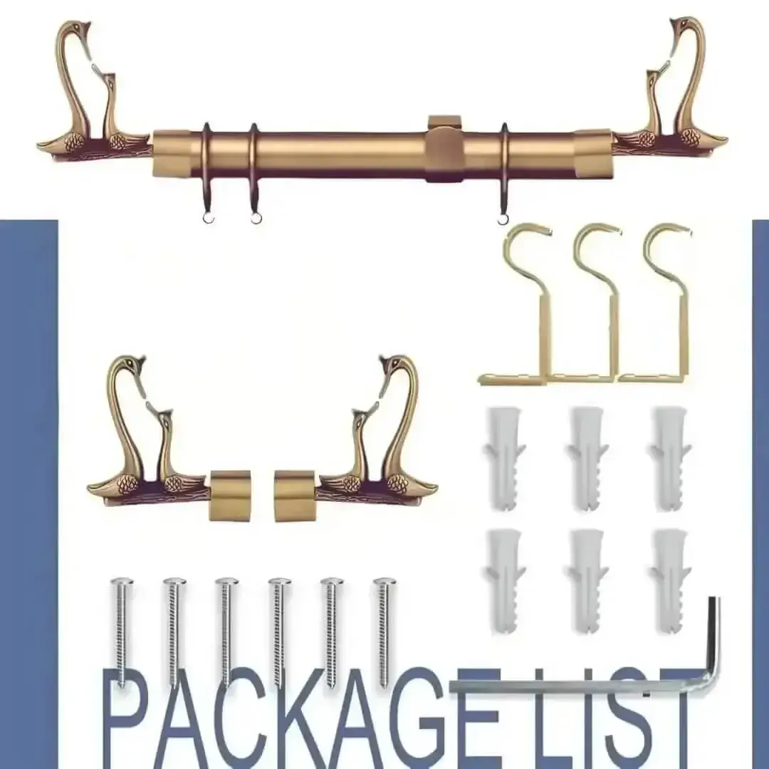 Complete gold curtain rod set displayed with package contents: 2 decorative finials, 3 heavy-duty brackets, 2 adjustable rods, wall anchors, and screws. Text overlay highlights 'Package List'—everything needed for professional installation