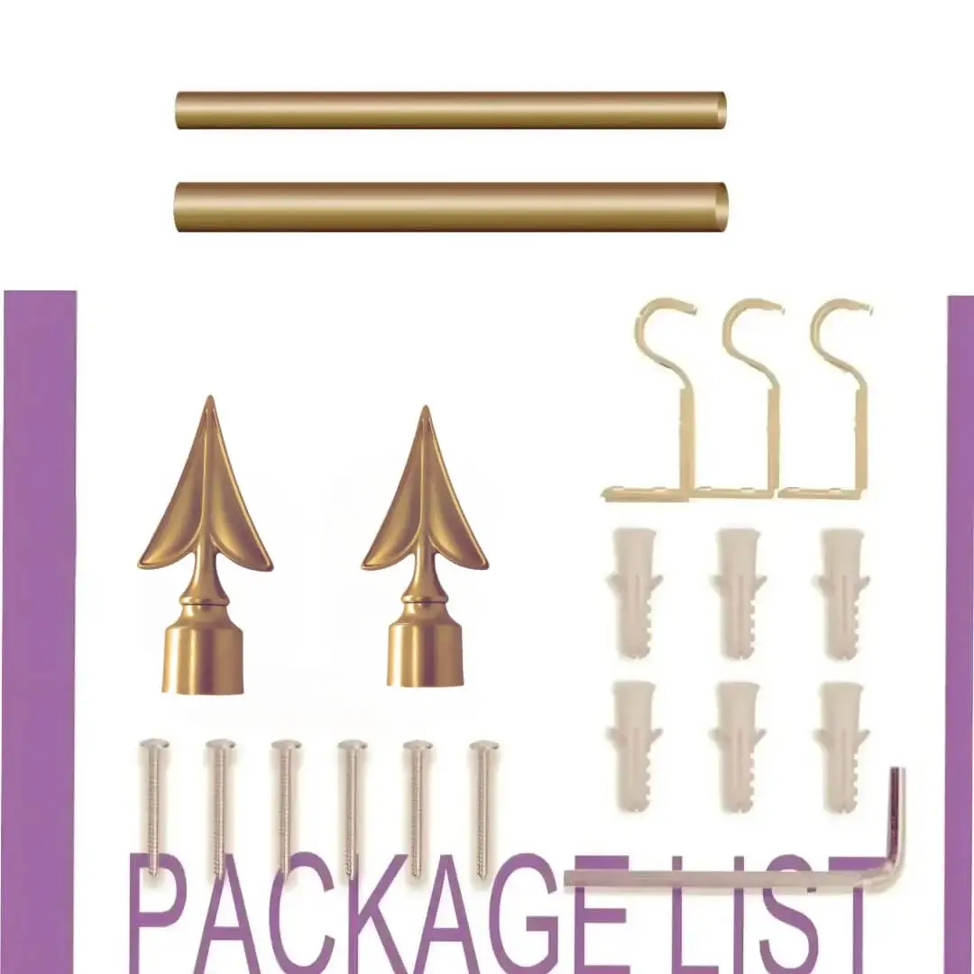 Complete curtain rod set displayed with package contents: 2 decorative finials, 3 heavy-duty brackets, 2 adjustable rods, wall anchors, and screws. Text overlay highlights 'Package List'—everything needed for professional installation