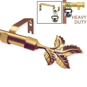 gold heavy duty curtain rod, Three-panel luxury gold curtain rod showcase: (1) Decorative leaf finials and brackets (elegant close-up), (2) Rod stress-tested with heavy weights (no bending), (3) Bracket load test—proving both opulent design and industrial strength for flawless performance
