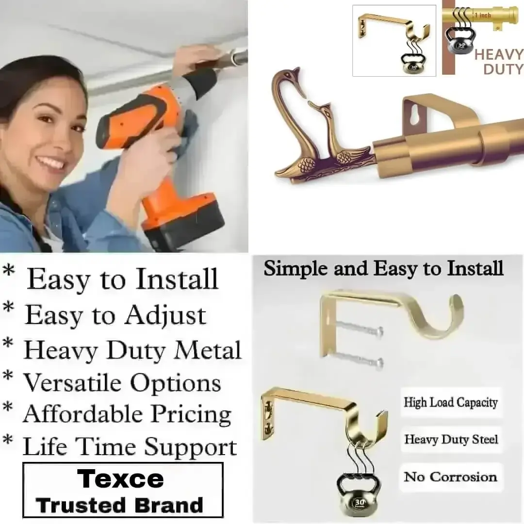 Three-panel showcase: (1) DIY girl installing a curtain rod with a drill, (2) elegant bird-shaped finial rod design, and (3) close-up of heavy-duty steel brackets. Overlay text highlights: ‘Easy to install, corrosion-proof steel, versatile styles, affordable pricing, lifetime support, and Texce—a trusted brand