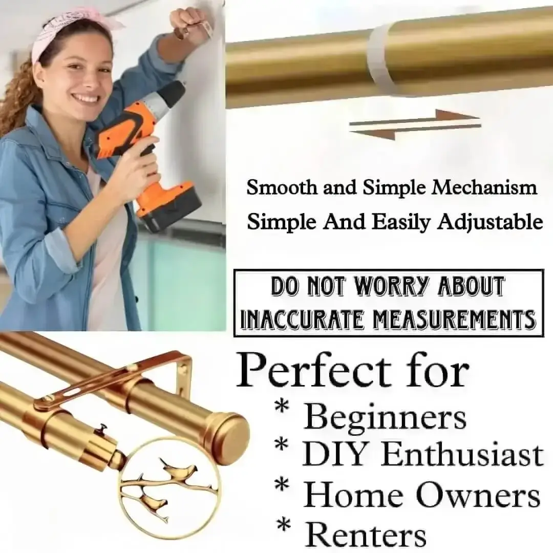 Three-panel showcase: (1) DIY girl installing a curtain rod with a drill, (2) elegant bird-shaped finial rod design, and (3) close-up of heavy-duty steel brackets. Overlay text highlights: ‘Easy to install, corrosion-proof steel, versatile styles, affordable pricing, lifetime support, and Texce—a trusted brand