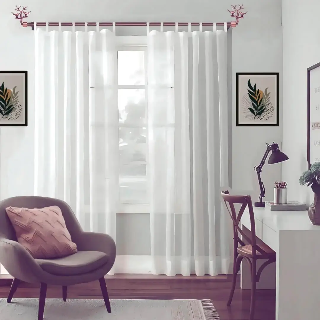 curtain rod for linen curtains, Elegant white linen sheer curtains gracefully draped over a lustrous rose gold curtain rod in a chic living room, accented with a stylish chair and table—creating a light, airy, and sophisticated atmosphere