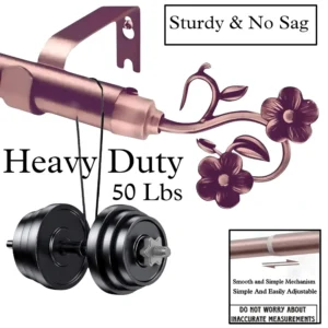 heavy duty adjustable curtain rod, Two images of a heavy-duty adjustable curtain rod: 1) Rose gold rod with floral finial supporting 50 lbs of curtains (text: 'Heavy Duty – Holds 50 lbs'); 2) Close-up of smooth telescoping mechanism ('Easily Adjustable'); demonstrating durability for long-lasting use