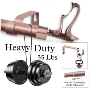 heavy duty adjustable curtain rod set with brackets, Three images showcasing a heavy duty adjustable curtain rod set with brackets: 1) Main image with curtain rod holding heavy weight, text highlights 'Heavy Duty – Holds 35 lbs with ease'; 2) Close-up of telescoping mechanism with 'Easily Adjustable, Smooth Telescoping' text; 3) Sturdy brackets supporting weight, emphasizing durability