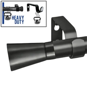 Three-panel product showcase: (1) Main image of a sleek black curtain rod, (2) Close-up of the rod holding 25 lbs weight (no bending), and (3) Black bracket supporting 30 lbs—demonstrating heavy-duty, no-sag construction for long-lasting performance