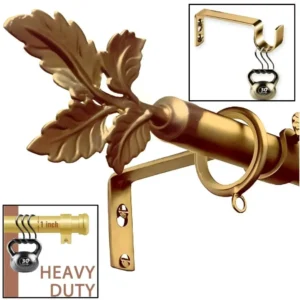 gold heavy duty curtain rod, Three-panel luxury gold curtain rod showcase: (1) Decorative leaf finials and brackets (elegant close-up), (2) Rod stress-tested with heavy weights (no bending), (3) Bracket load test—proving both opulent design and industrial strength for flawless performance