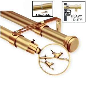 Three-panel display: (1) Main image of luxurious gold double curtain rods with decorative bird finials, (2) Stress test showing the rod holding heavy weight without bending, and (3) Close-up demonstrating the smooth telescopic adjustment—proving both elegance and heavy-duty performance