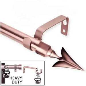 Three-panel showcase: (1) Rose gold curtain rod with luxurious finish, (2) Rod supporting heavy weights without bending, and (3) Brackets stress-tested for max load—proving industrial-strength durability for flawless performance