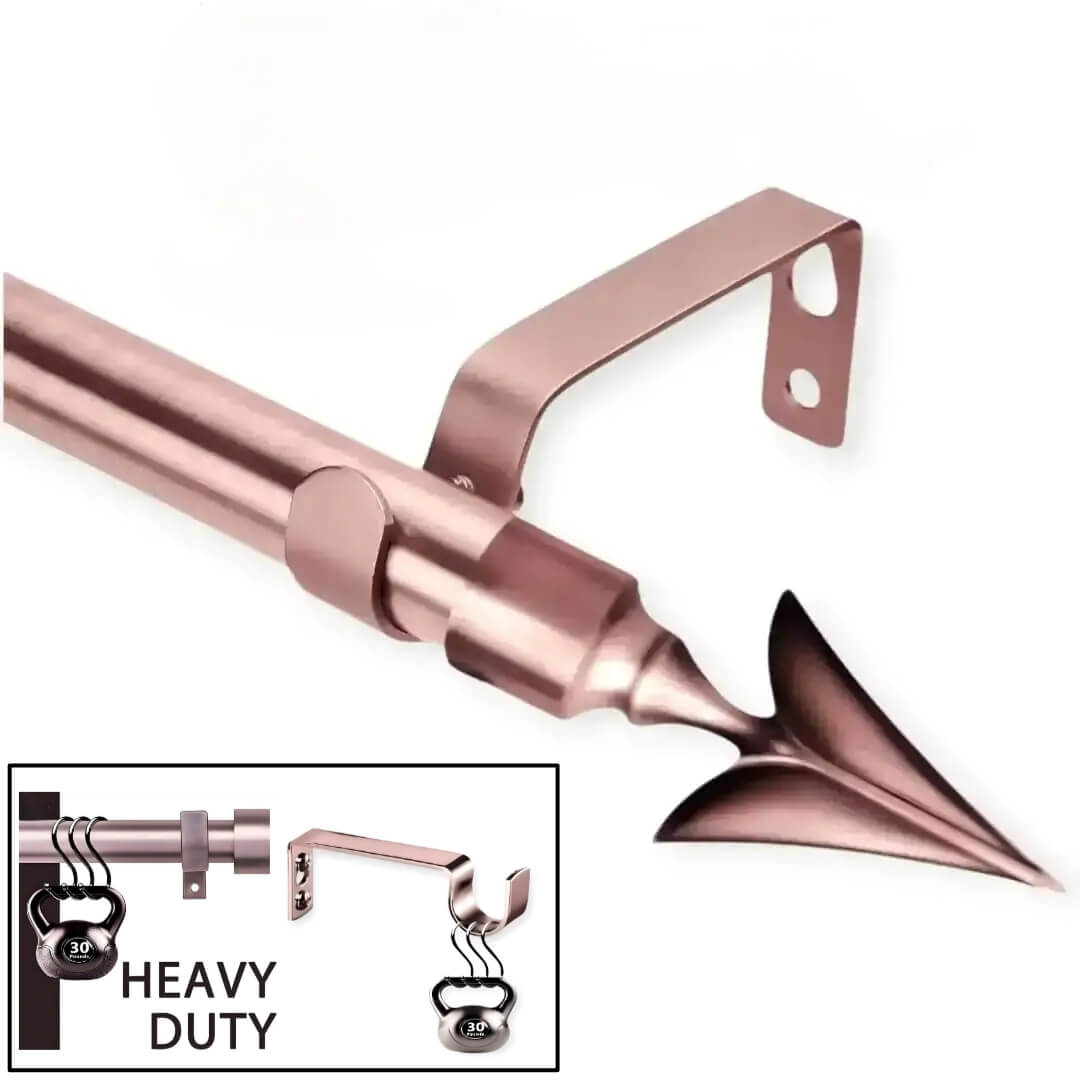 Three-panel showcase: (1) Rose gold curtain rod with luxurious finish, (2) Rod supporting heavy weights without bending, and (3) Brackets stress-tested for max load—proving industrial-strength durability for flawless performance