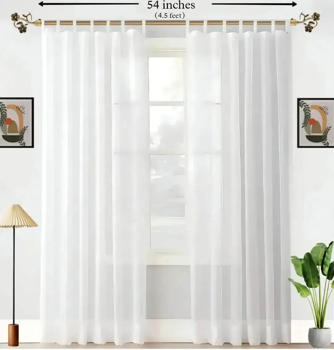 Elegant sheer curtain gracefully hanging from a sleek antique curtain rod with leaf finial installed on a small window, creating an airy and sophisticated look