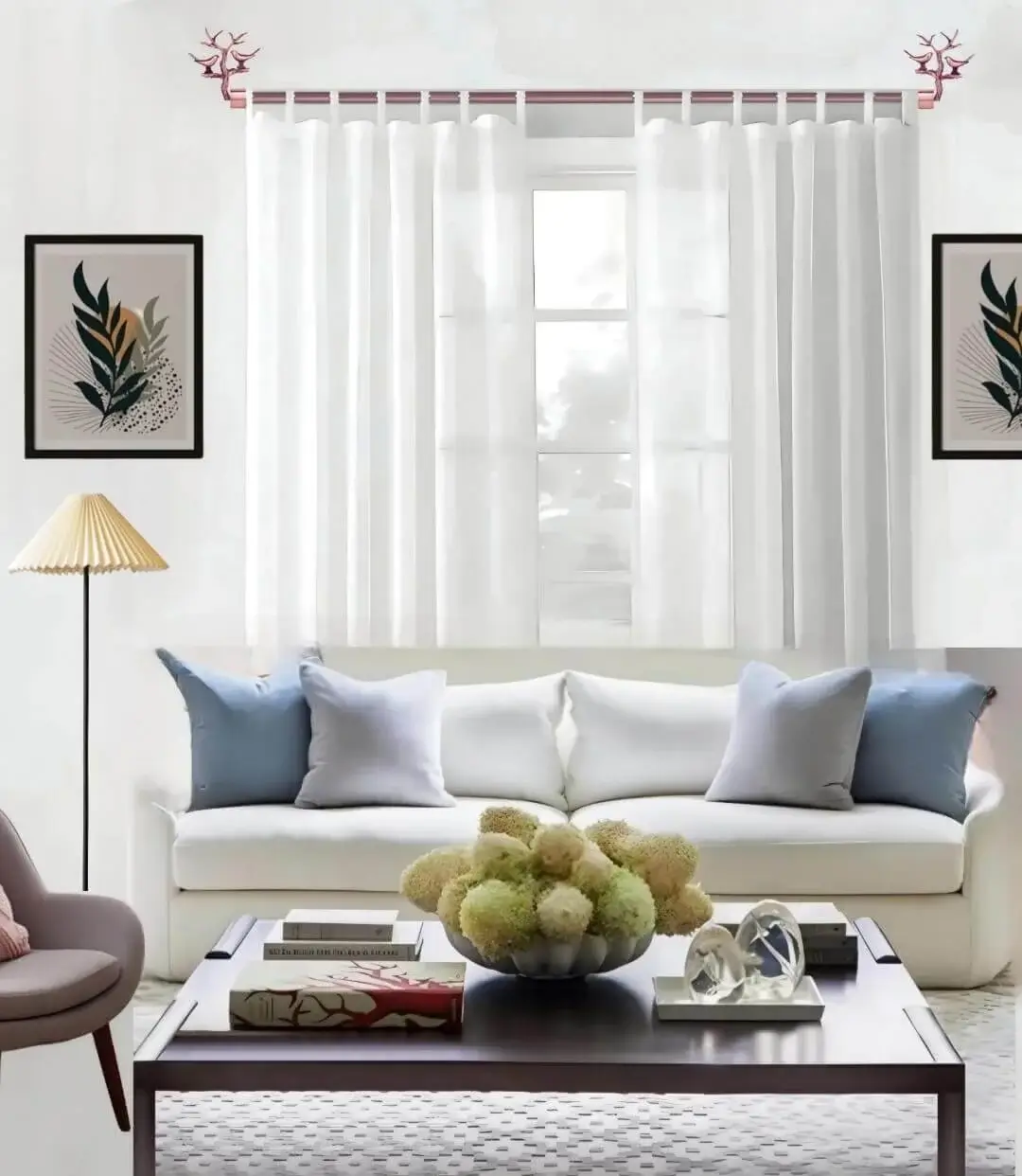 poles for voile curtains, curtain rods with brackets for living room, living room curtains, Stylish living room with flowing voile curtains on a rose gold curtain rod, paired with a cozy sofa set, vibrant cushions, and wall paintings—creating a chic, inviting ambiance