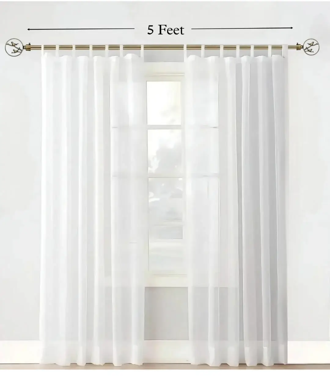 Elegant transparent floor-length plain sheer curtains hanging from a sleek antique finish curtain rod installed on a small window—creating a modern, flowing look while maintaining privacy and natural light.