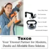 quality curtain brackets Two-panel showcase: (1) DIY woman installing a curtain rod with a drill demonstrating easy setup, and (2) Close-up of Texce's heavy-duty black steel bracket stress-tested with weights. Highlighted text: 'No corrosion, ergonomic 1-inch rod design' - proving durable, user-friendly performance