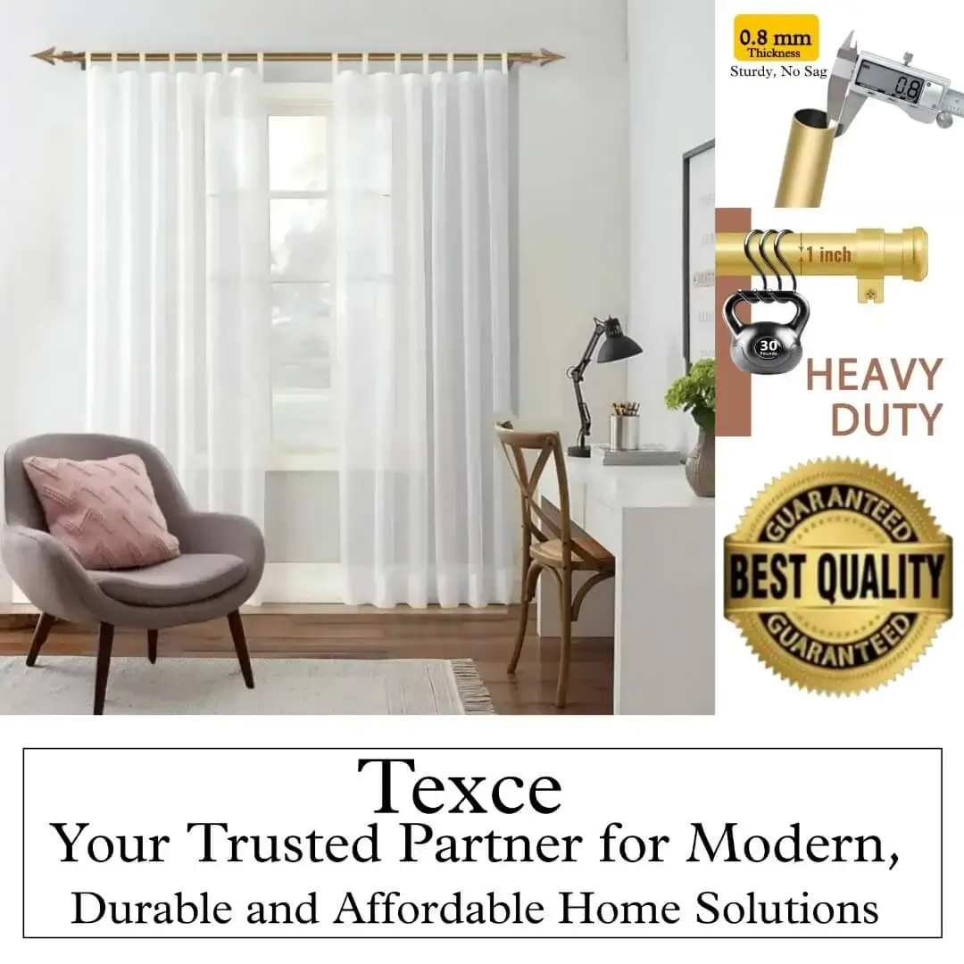 Elegant white sheer curtains hanging on a gold curtain rod with arrow finials in a bedroom. Overlay text highlights: ‘Premium quality guaranteed—Texce, your trusted partner for modern, durable, and affordable home décor solutions