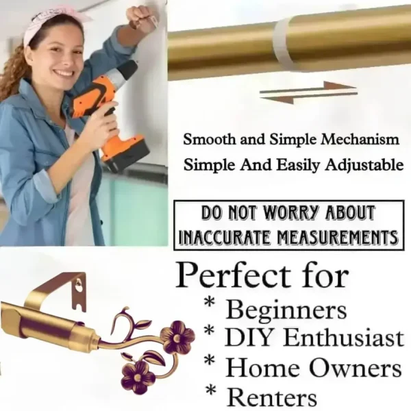 DIY girl installing curtain rods with a drill—text highlights ‘Perfect for beginners, DIY enthusiasts, homeowners and renters!’ Features smooth telescoping rods, and easily adjustable design so you never worry about inaccurate measurements