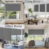 roller blinds for office roller blinds for office, living room roller blinds, bedroom roller blinds, balcony roller blinds, Four-panel display: (1) Balcony roller blinds blocking sun glare, (2) Bedroom roller blinds for blackout sleep, (3) Office roller blinds reducing screen glare, and (4) Living room roller blinds enhancing decor—showcasing versatile light control solutions