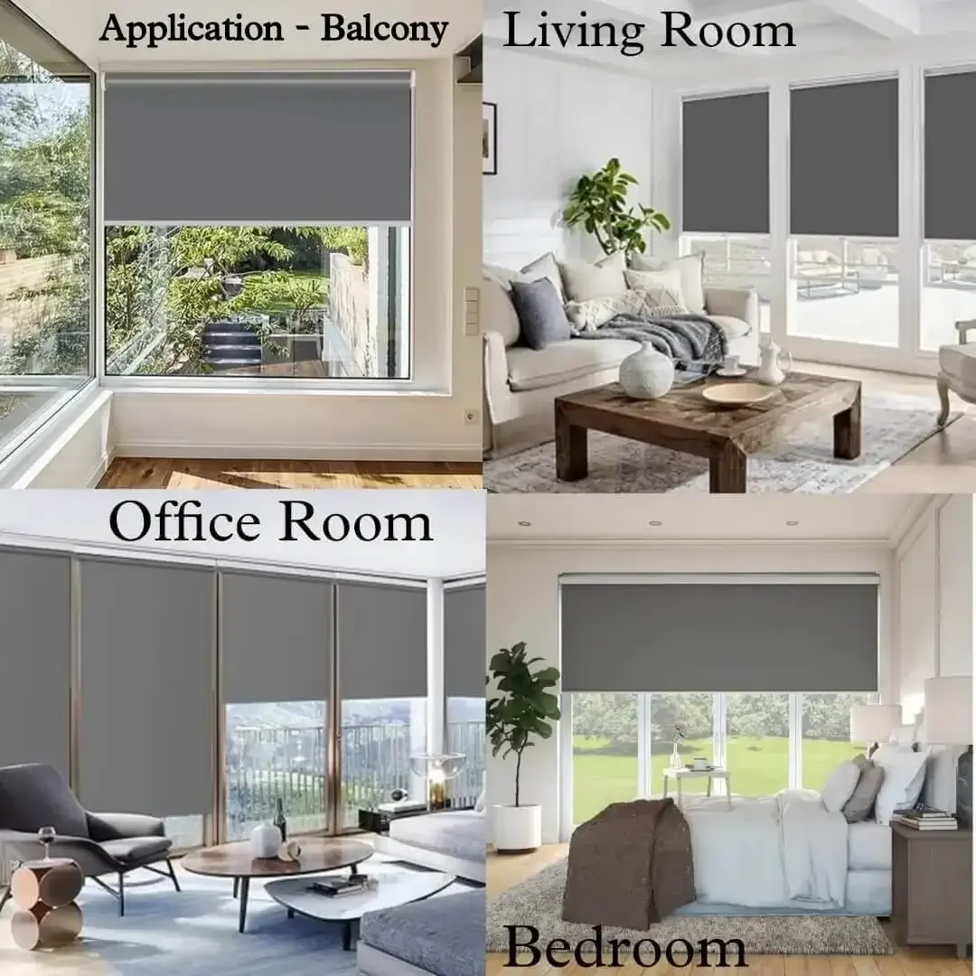 roller blinds for office, living room roller blinds, bedroom roller blinds, balcony roller blinds, Four-panel display: (1) Balcony roller blinds blocking sun glare, (2) Bedroom roller blinds for blackout sleep, (3) Office roller blinds reducing screen glare, and (4) Living room roller blinds enhancing decor—showcasing versatile light control solutions