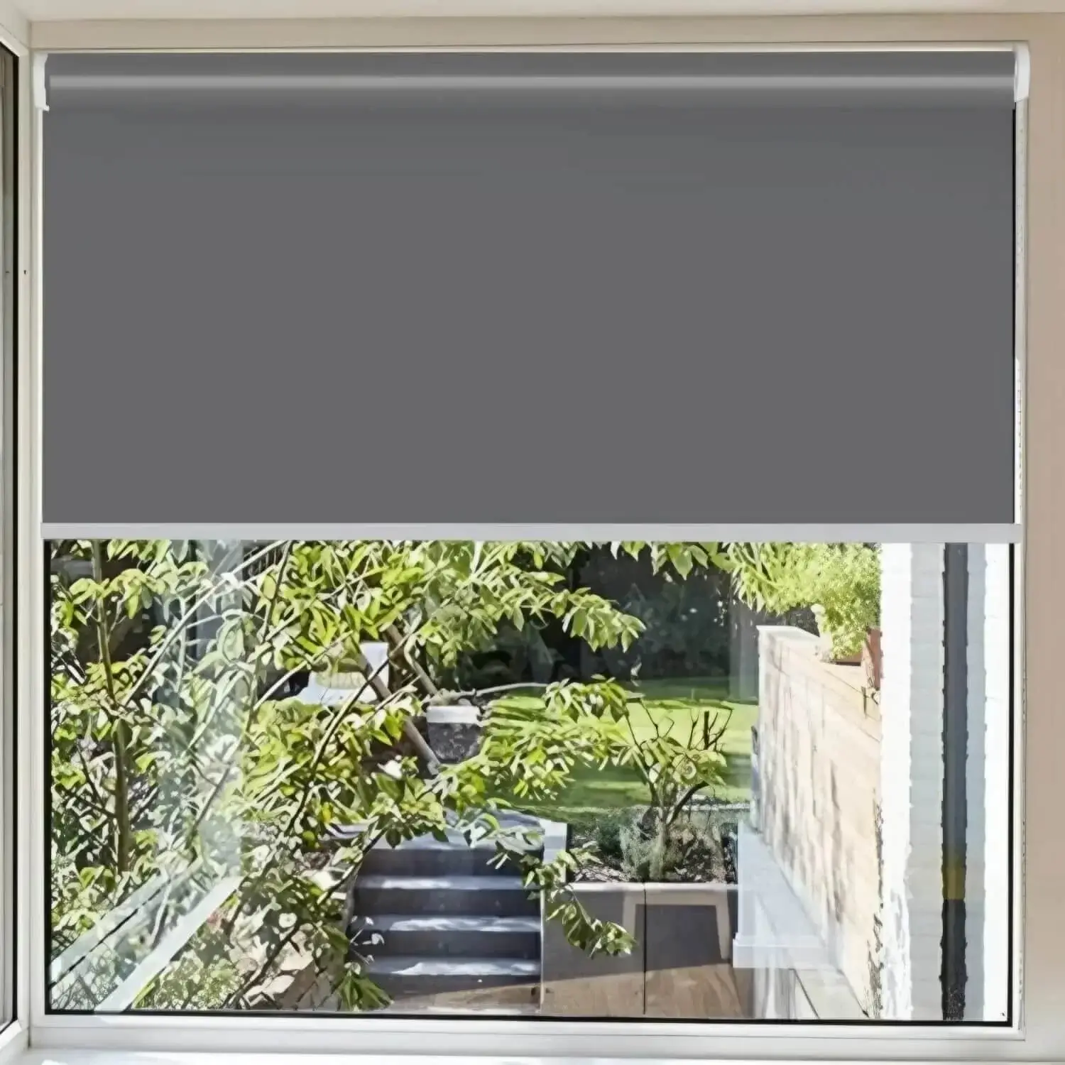roller blinds for windows, Grey blackout roller blind installed on a window, showcasing seamless light-blocking and a sleek modern design for complete privacy and darkness